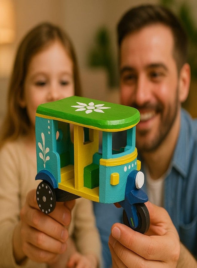 Toolart® Wooden Handcrafted Hand-Painted Auto Rickshaw Toy for Kids | Traditional Push & Pull Wooden Toy Showpiece | Best Birthday Return Gift (Small_Auto_Parent) (06r) - Image 2